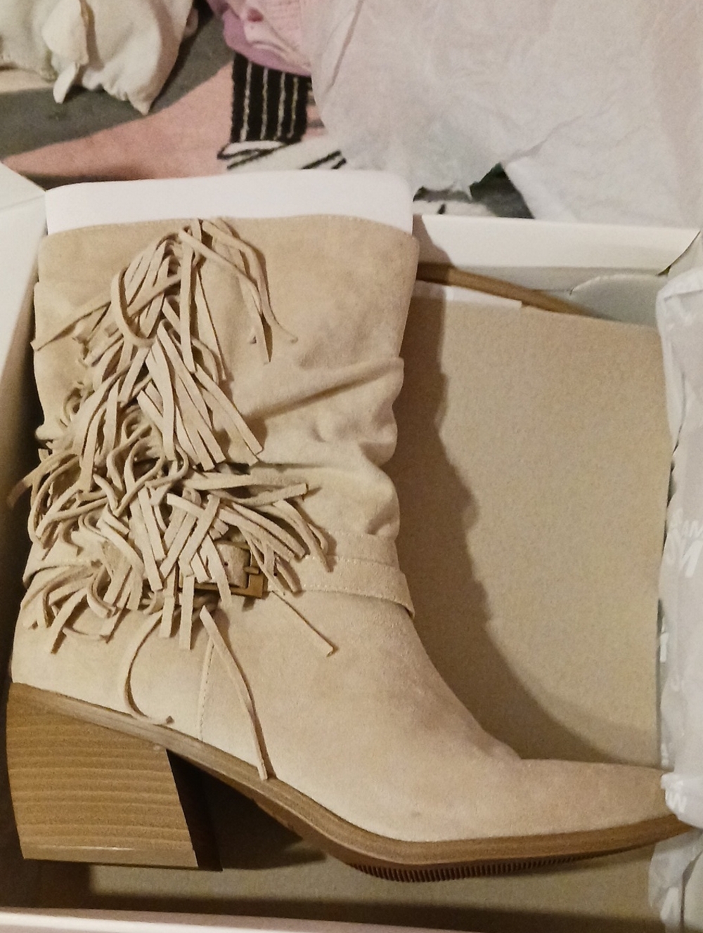 NYC Beige Fringe Suede Mid-Calf Heeled Boots
